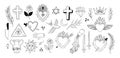 Linear alchemy design elements. Vintage hearts, all seeing eye, cross, rose, space and botanical elements. Magic and occult