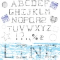 Linear alphabet. Printed font. Geometric pattern. Signs spelling