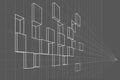 Linear sketch abstract asymmetric cube facade in perspective on gray background Royalty Free Stock Photo