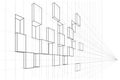 Linear sketch abstract asymmetric cube facade in perspective on white background Royalty Free Stock Photo