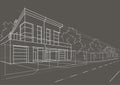 Linear architectural sketch blocked houses on gray background