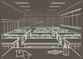 Linear architectural sketch classroom on gray background