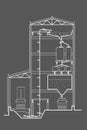 Linear sketch factory section with elevator on gray background