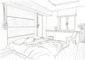 Linear architectural sketch plan of stylish bedroom