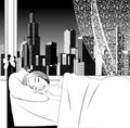 Linear black and white drawing of a sleeping blonde girl In the bed woman near the window overlooking the modern city