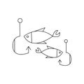 Linear black white fishing icon. Can be used as a sticker, symbol or sign. Outline fish with hooks for hiking, traveling