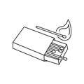 Linear black white matchbox icon. Can be used as a sticker, symbol or sign. Outline matches in box for hiking, traveling Royalty Free Stock Photo