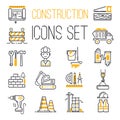 Linear black yellow construction icons set universal web and mobile basic ui elements and worker equipment flat industry