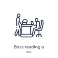 Linear boss reading a document icon from Business outline collection. Thin line boss reading a document icon isolated on white