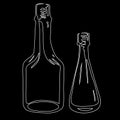 Linear bottles on a black background, glass vials. Container for alcoholic drinks, wine, vodka, cognac.