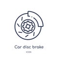 Linear car disc brake icon from Car parts outline collection. Thin line car disc brake vector isolated on white background. car