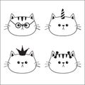 Linear cat head face silhouette icon set. Contour line. Crown, unicorn horn, glasses, sunglasses, bow. Cute cartoon kitty characte Royalty Free Stock Photo