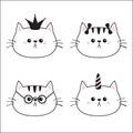 Linear cat head face silhouette icon set. Crown, unicorn horn, glasses, sunglasses, bow. Contour line. Cute cartoon kitty characte Royalty Free Stock Photo
