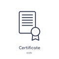 Linear certificate icon from Delivery and logistic outline collection. Thin line certificate vector isolated on white background. Royalty Free Stock Photo