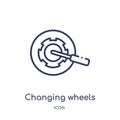 Linear changing wheels tool icon from Mechanicons outline collection. Thin line changing wheels tool icon isolated on white Royalty Free Stock Photo