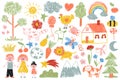 Linear children drawings design elements. Doodle arts of sun, heart, frog, turtle, flower, star, crown, strawberry