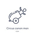 Linear circus canon man icon from Circus outline collection. Thin line circus canon man vector isolated on white background.