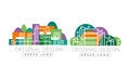 Linear City Building with Green Park Zone as Logo Design Vector Set Royalty Free Stock Photo