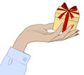 Linear color drawing of a female hand holding a small gift box with red ribbon and bow