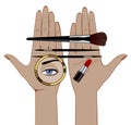 Linear color drawing of female hands with makeup brushes, round mirror with aye reflection, and lipstick