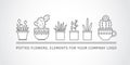 Linear design, potted flowers. elements of a corporate logo. vector set