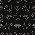 Linear diamond and stars on black vector seamless pattern. Outline gem stone and starry sky endless print Royalty Free Stock Photo