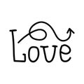 Linear doodle arrow with heart and Lettering handwriting Love. Pointer love, trajectory, like. Vector design element for