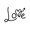 Linear doodle arrow with heart and Lettering handwriting Love. Pointer love, trajectory, like. Vector design element for