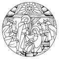 Linear drawing of Birth of Jesus Christ scene in circle shape