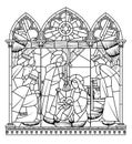 Linear drawing of Birth of Jesus Christ scene in gothic frame