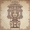 Linear drawing: decorative image of an ancient Indian deity. Magic circle. A background - imitation of old paper. Royalty Free Stock Photo