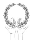 Linear drawing of female hands holding a laurel wreath isolated on white Royalty Free Stock Photo