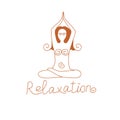 Linear drawing of a female silhouette practices yoga with the word relaxation.