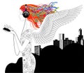 Linear drawing of girl with wings and color loose hair listen to music with head-phones and smartphone against the modern city Royalty Free Stock Photo