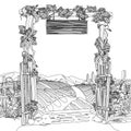 Linear drawing of an old wooden farm gate with signboard grapes and Mediterranean landscape with vineyards