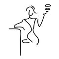 Linear drawing of a smoking woman near the bar counter. A rough, simplified outline sketch. Black lines on a white background. Royalty Free Stock Photo