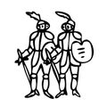 Linear drawing of two medieval knights. Doodle style. Foot knights in armor