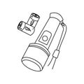 Linear flashlight icon. Can be used as a sticker, symbol or sign. Outline flashlight with batteries for hiking