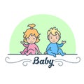 Linear Flat Boy and Girl Twins Newborn Baby vector Royalty Free Stock Photo
