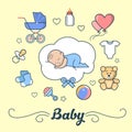 Linear Flat Boy sleep cloud Newborn Baby vector Royalty Free Stock Photo