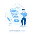 Linear flat Contactless payment concept. Customer paying purchases contactless with plastic card. Flat vector Royalty Free Stock Photo