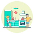 Linear Flat Couple eating kitchen vector Casual