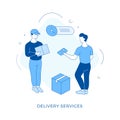 Linear flat Delivery service concept illustration. Man receives package from delivery guy and pays with card Royalty Free Stock Photo