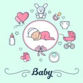 Linear Flat Girl sleep cloud Newborn Baby vector Royalty Free Stock Photo