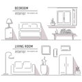 Linear flat interior design illustration of modern designer living apartment. Outline vector graphic concept. Royalty Free Stock Photo