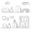 Linear flat interior design illustration of modern designer living apartment. Outline vector graphic concept. Royalty Free Stock Photo