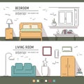 Linear flat interior design illustration of modern designer living apartment. Outline vector graphic concept. Royalty Free Stock Photo