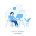 Linear flat Remote working from home. Female cartoon character sitting at desktop and working remotely online