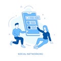 Linear flat Social networking communication concept illustration. Couple using app smartphone for messaging