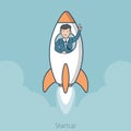 Linear Flat Startup man rocket flying web vector